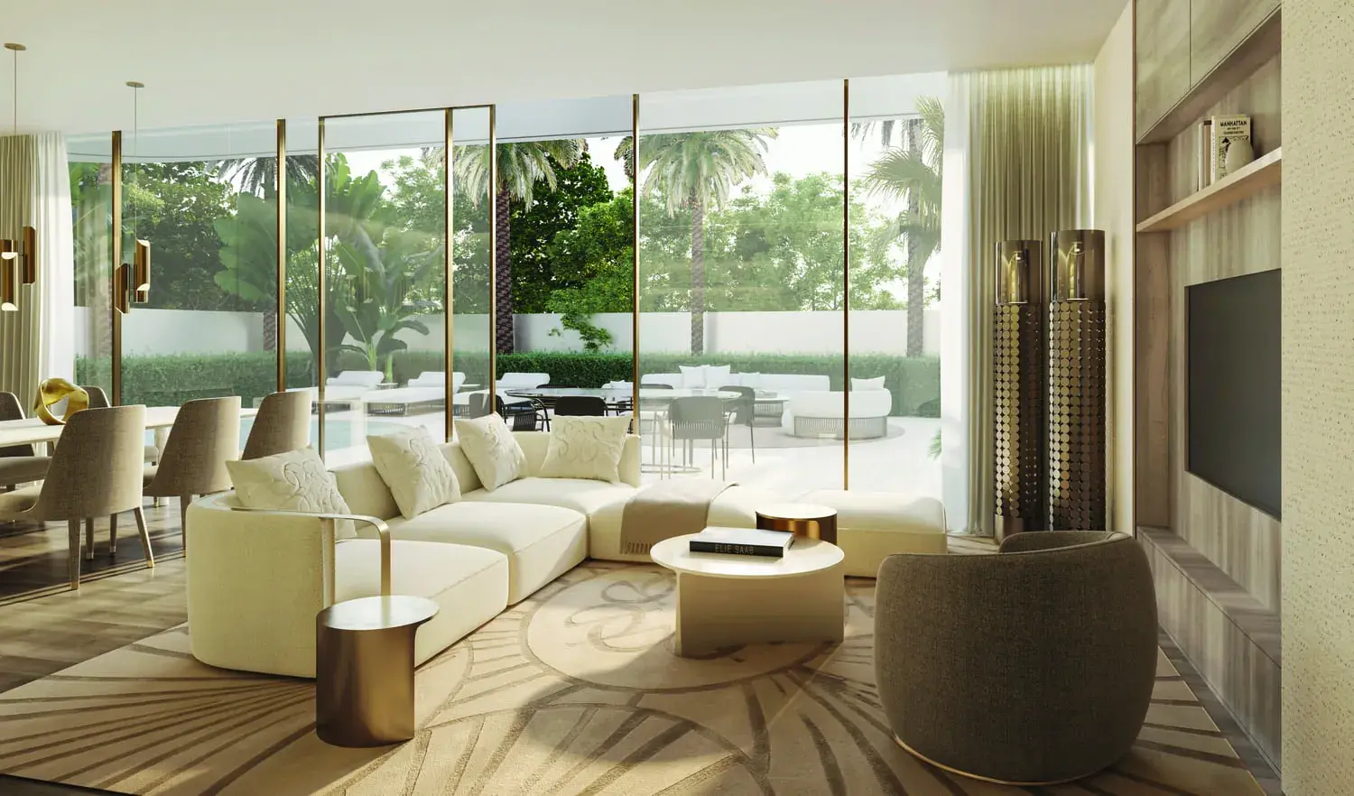 Stellar by Elie Saab apartment living room with full-height glazing opening towards landscaped gardens