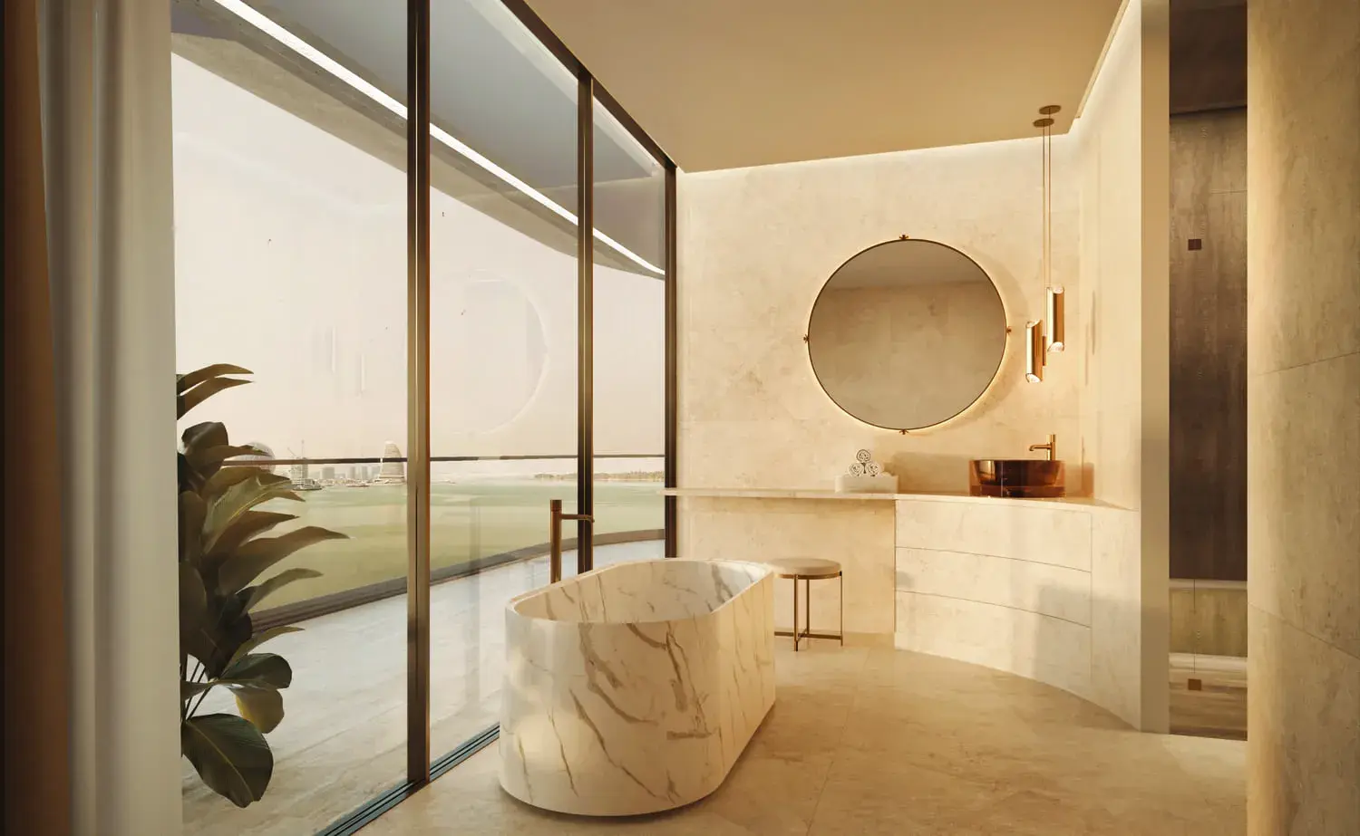 Marble bathroom at Stellar by Elie Saab with freestanding bath, circular mirror and waterfront light