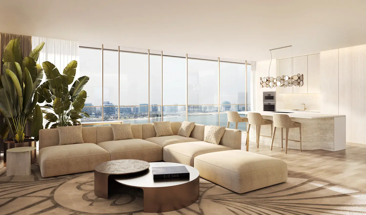 Stellar by Elie Saab penthouse living room with panoramic waterfront glazing and Elie Saab Maison interiors