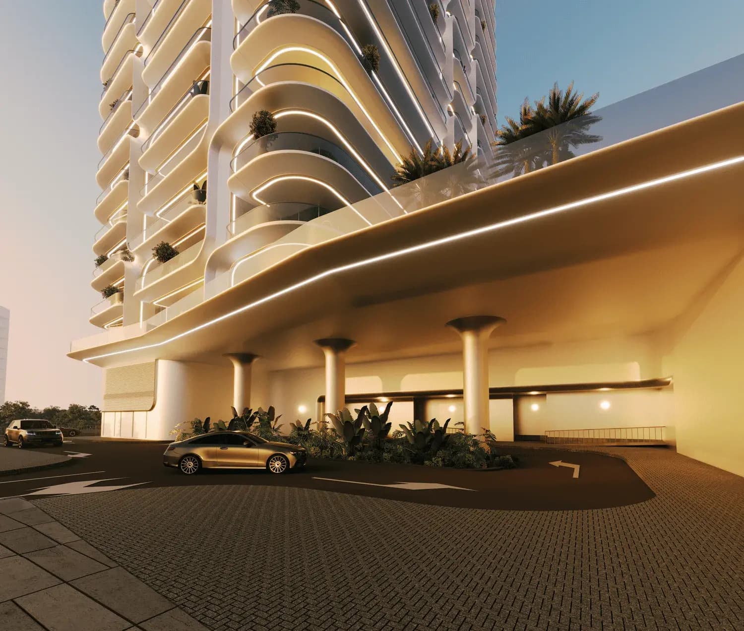 Covered residential arrival at Stellar by Elie Saab with sculpted columns and warm architectural lighting