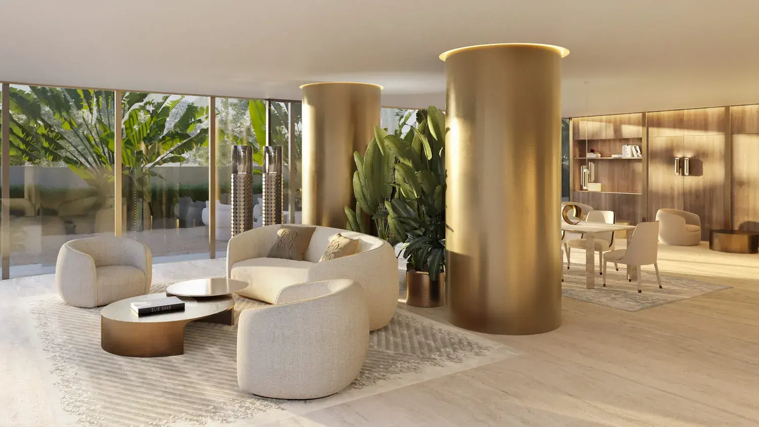 Residents lounge at Stellar by Elie Saab with sculptural columns, curved seating and Elie Saab Maison styling