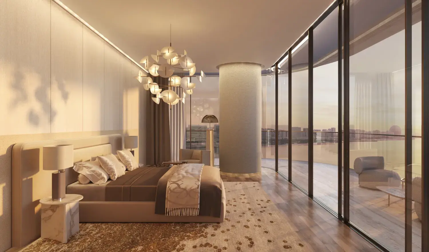Signature living room at Stellar by Elie Saab with curved furnishings, designer lighting and a private terrace