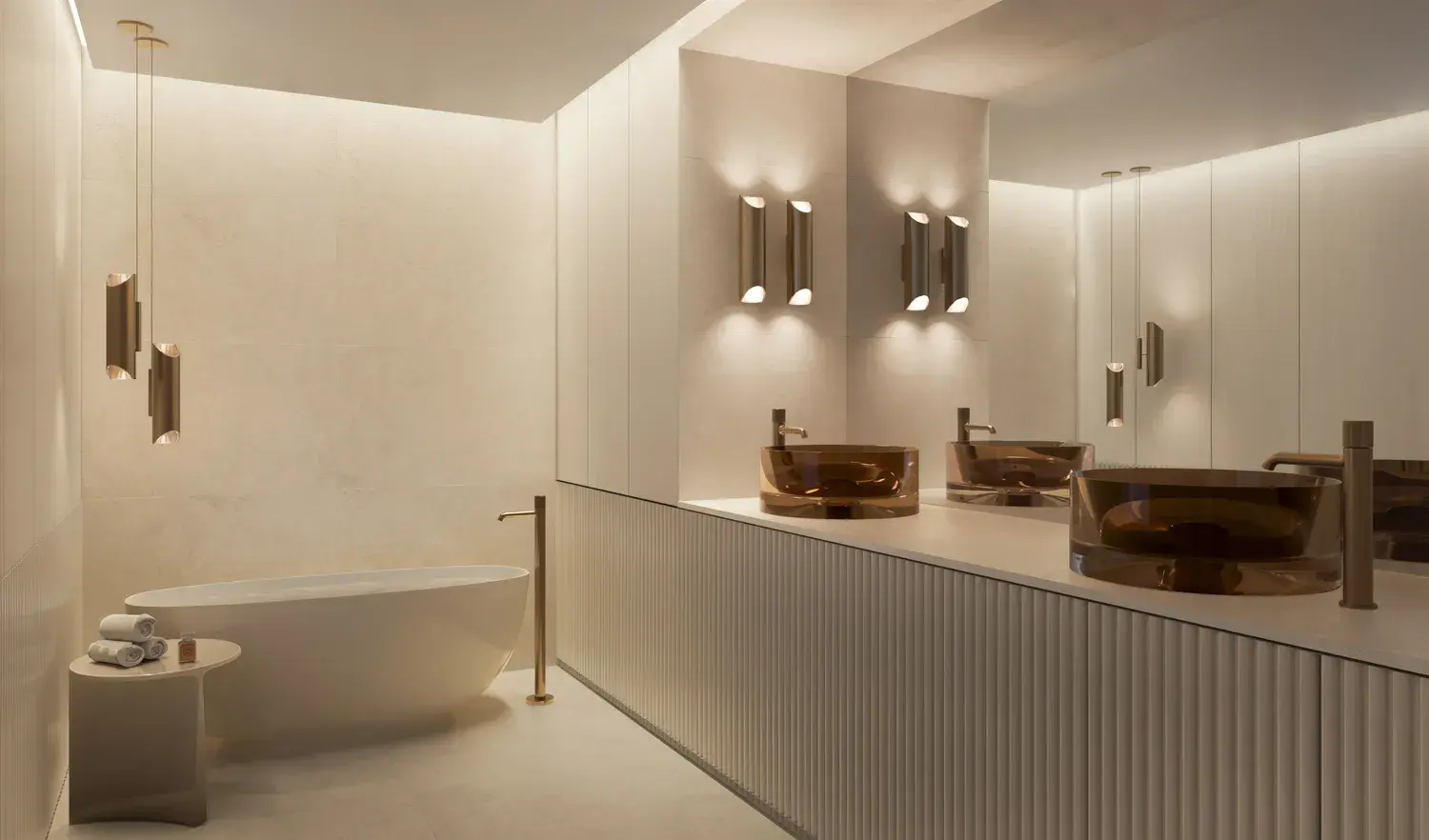 Spa-inspired bathroom at Stellar by Elie Saab with double vanity, stone finishes and soft indirect lighting