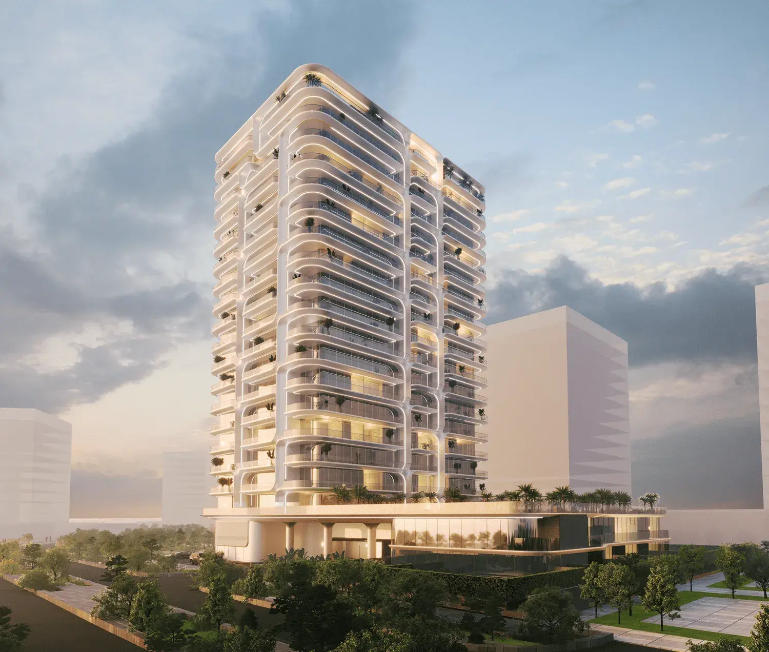 Stellar by Elie Saab tower exterior with layered balconies and landscaped podium on Yas Island, Abu Dhabi