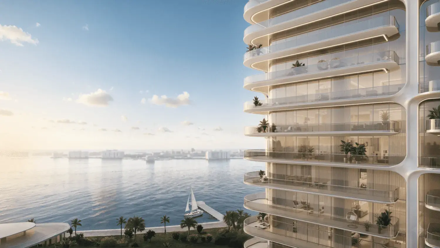 Waterfront balcony view from Stellar by Elie Saab across the sea and Yas Island skyline in Abu Dhabi