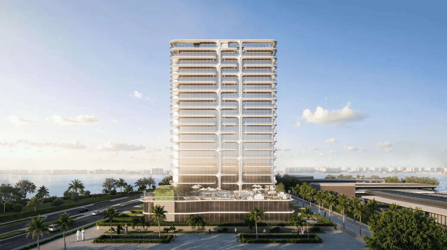 Aerial rendering of the Stellar by Elie Saab residential tower beside the waterfront on Yas Island, Abu Dhabi