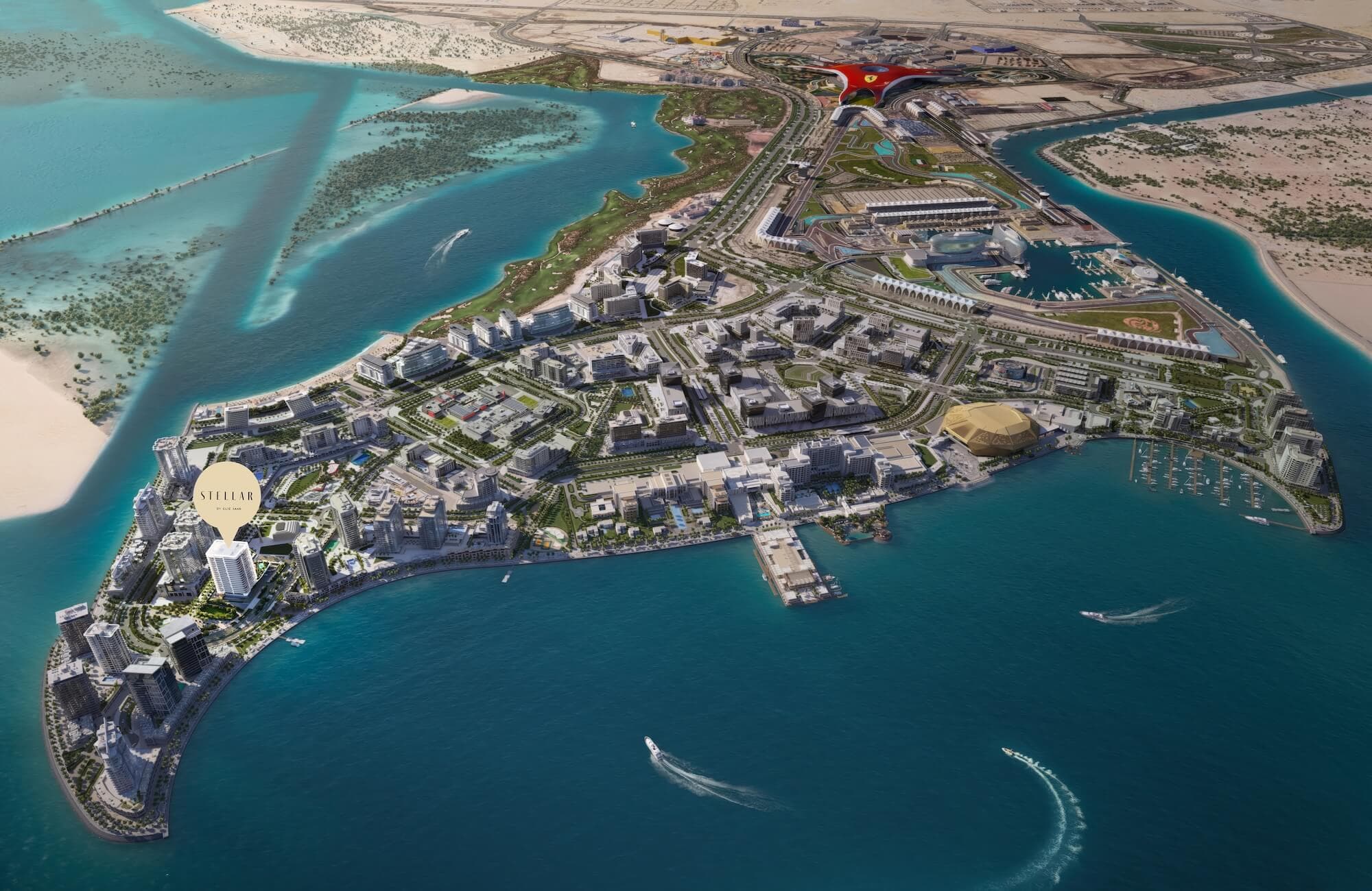 Aerial view of the Stellar by Elie Saab waterfront site and surrounding Yas Island shoreline in Abu Dhabi