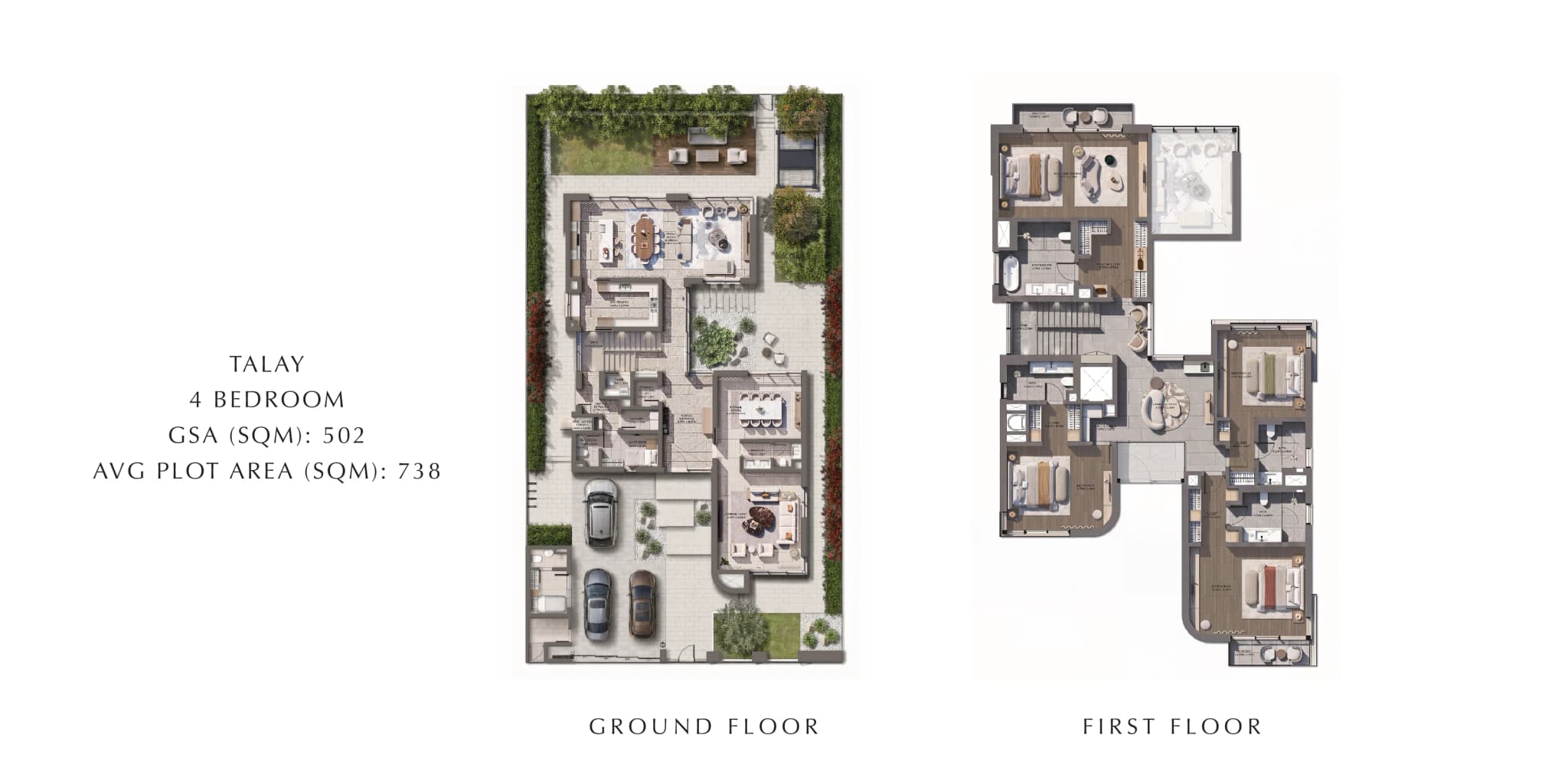Talay 4-bedroom villa, ground and first floor Talay 4-bedroom villa floor plan at Marsa Al Saadiyat, ground and first floor, GSA 502 sqm on a 738 sqm plot.