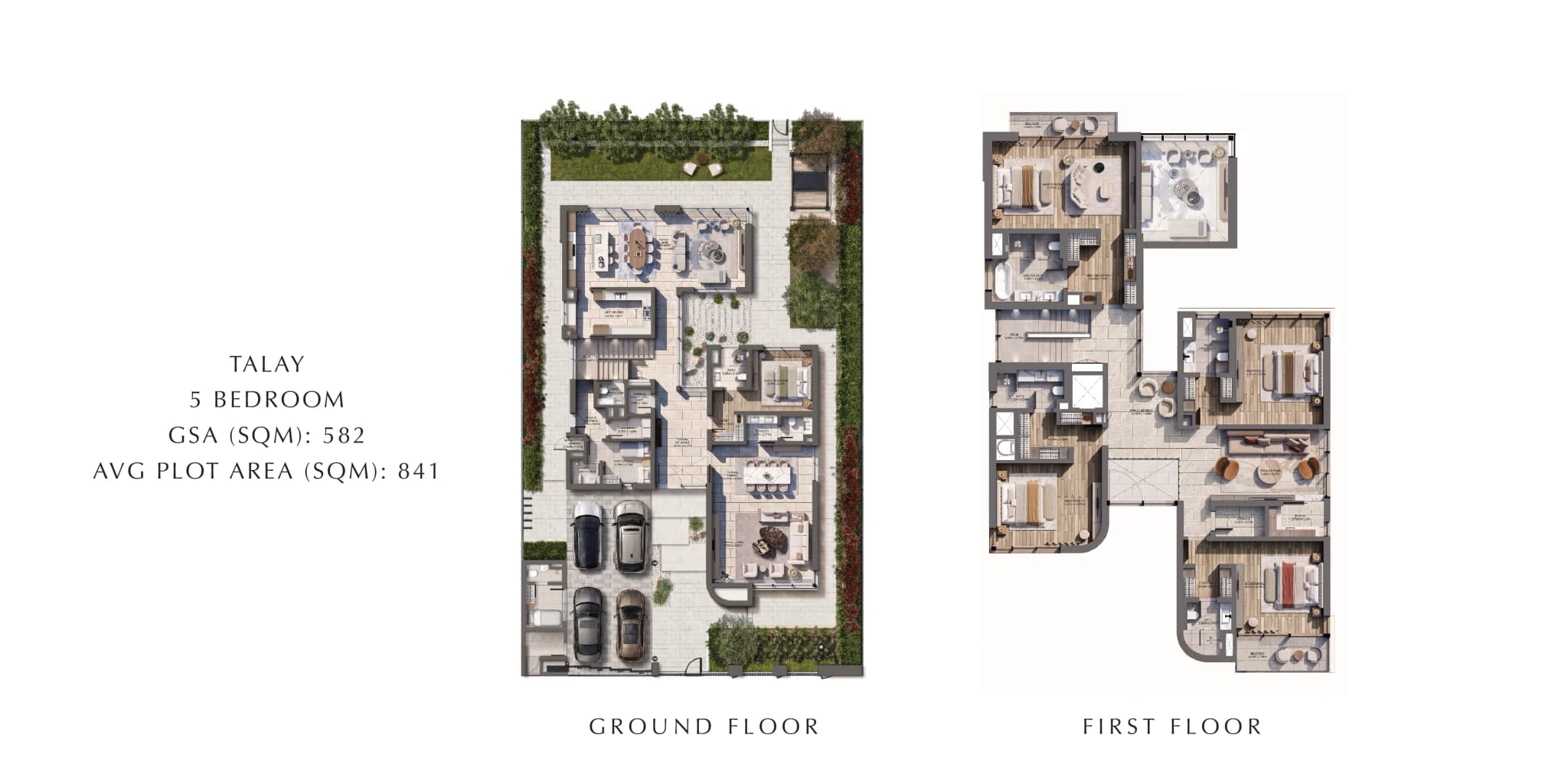 Talay 5-bedroom villa, ground and first floor Talay 5-bedroom villa floor plan at Marsa Al Saadiyat, ground and first floor, GSA 582 sqm on a 841 sqm plot.
