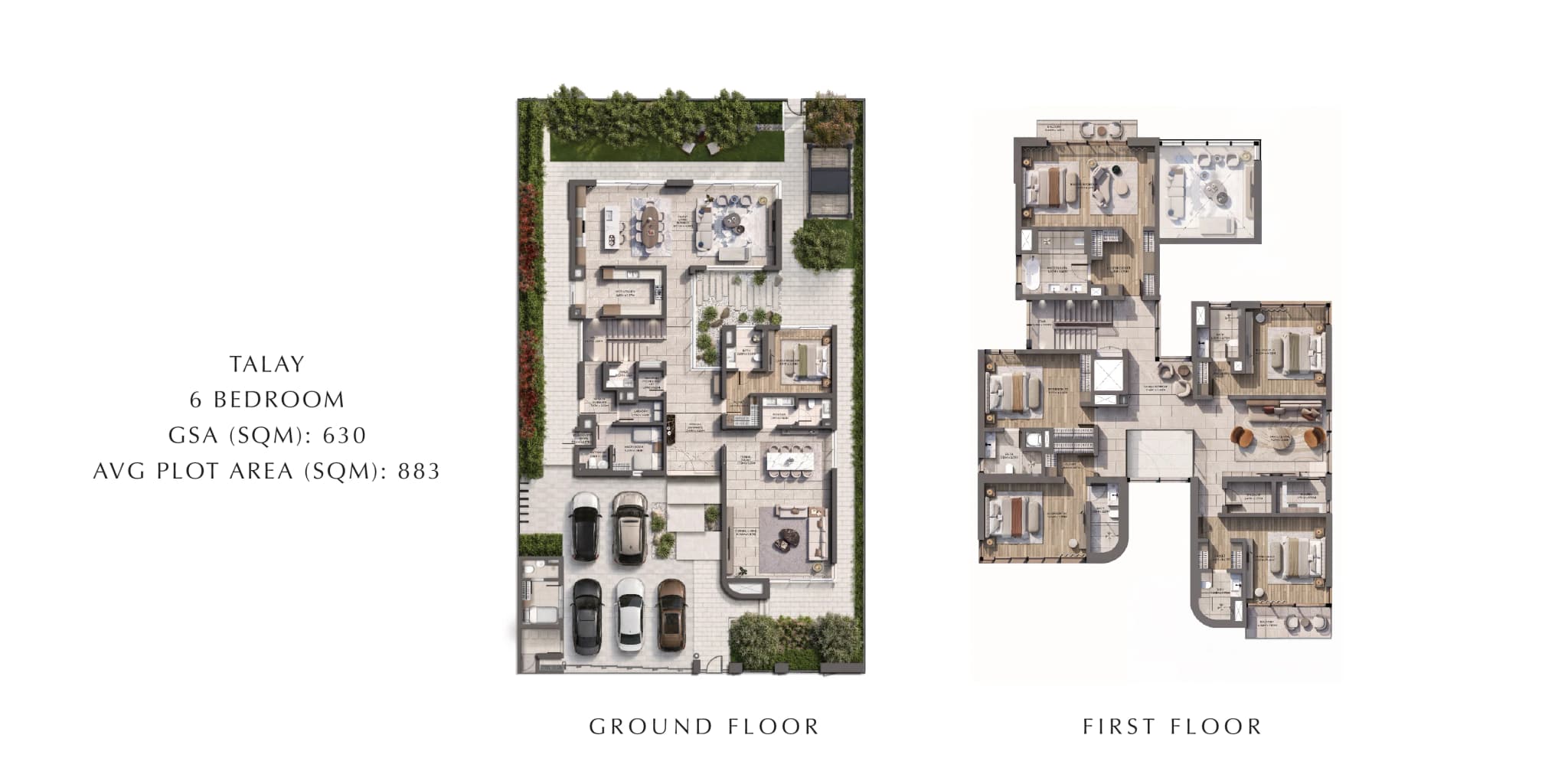 Talay 6-bedroom villa, ground and first floor Talay 6-bedroom villa floor plan at Marsa Al Saadiyat, ground and first floor, GSA 630 sqm on a 883 sqm plot.