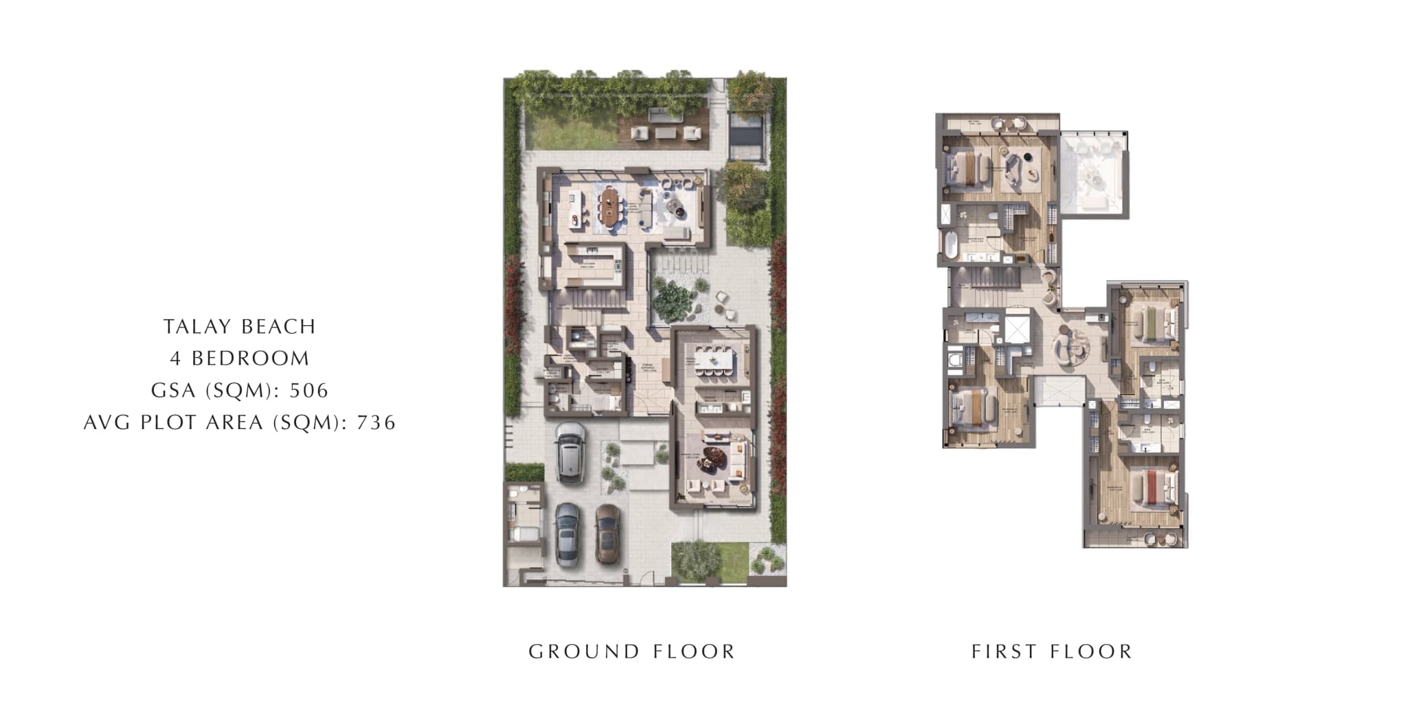 Talay Beach 4-bedroom villa, ground and first floor Talay Beach 4-bedroom villa floor plan at Marsa Al Saadiyat, ground and first floor, GSA 506 sqm on a 736 sqm plot.