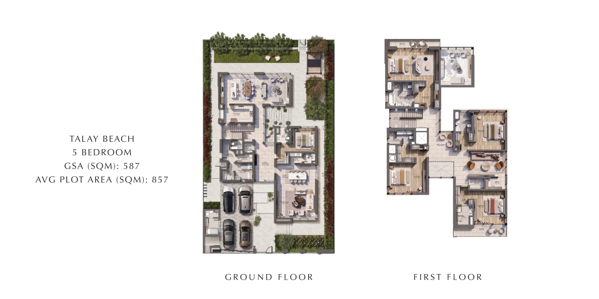 Talay Beach 5-bedroom villa, ground and first floor Talay Beach 5-bedroom villa floor plan at Marsa Al Saadiyat, ground and first floor, GSA 587 sqm on a 857 sqm plot.