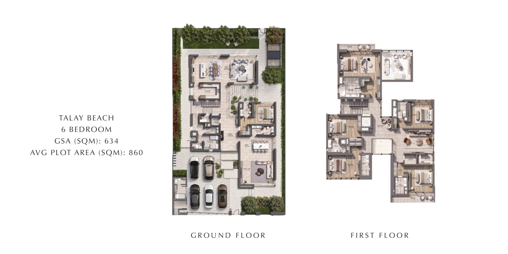 Talay Beach 6-bedroom villa, ground and first floor Talay Beach 6-bedroom villa floor plan at Marsa Al Saadiyat, ground and first floor, GSA 634 sqm on a 860 sqm plot.