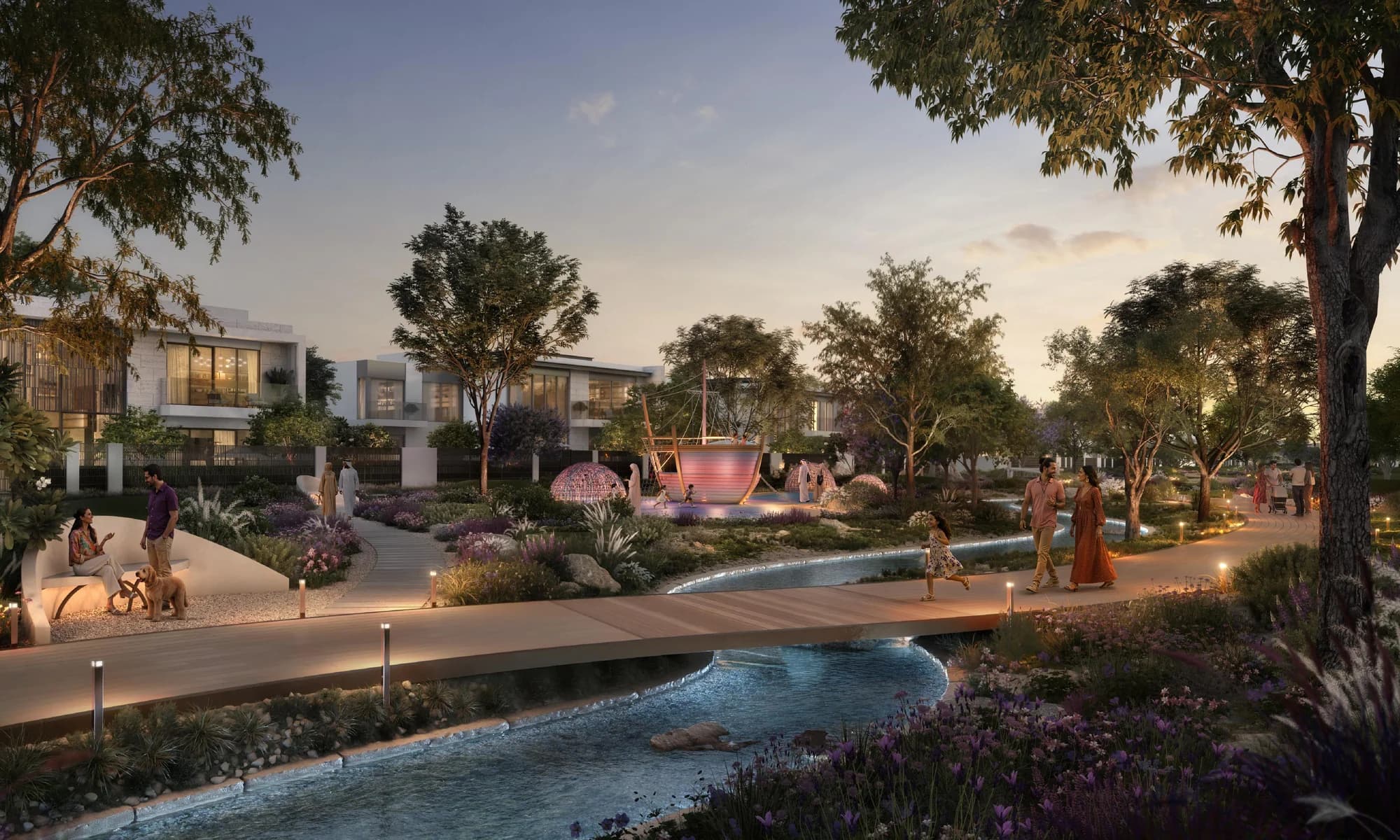 Aflaj water feature winding through Talay gardens at Marsa Al Saadiyat