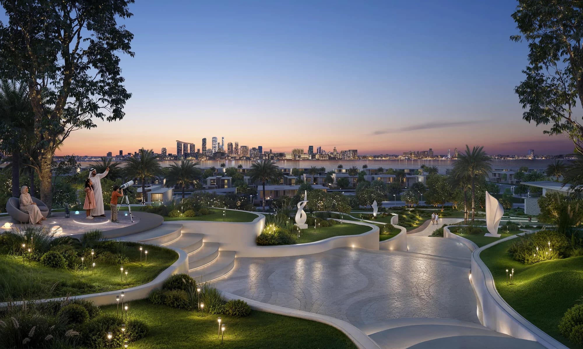 Dusk terrace at Talay Beach, Marsa Al Saadiyat, looking toward the Reem Island skyline