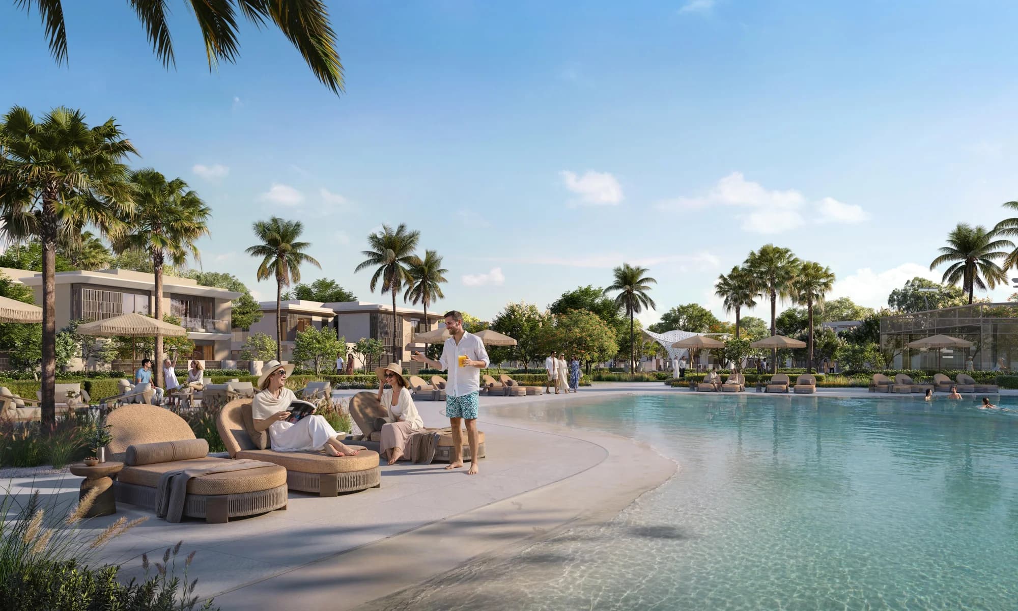 Community swimming pool at Talay, Marsa Al Saadiyat, with villas and palms beyond