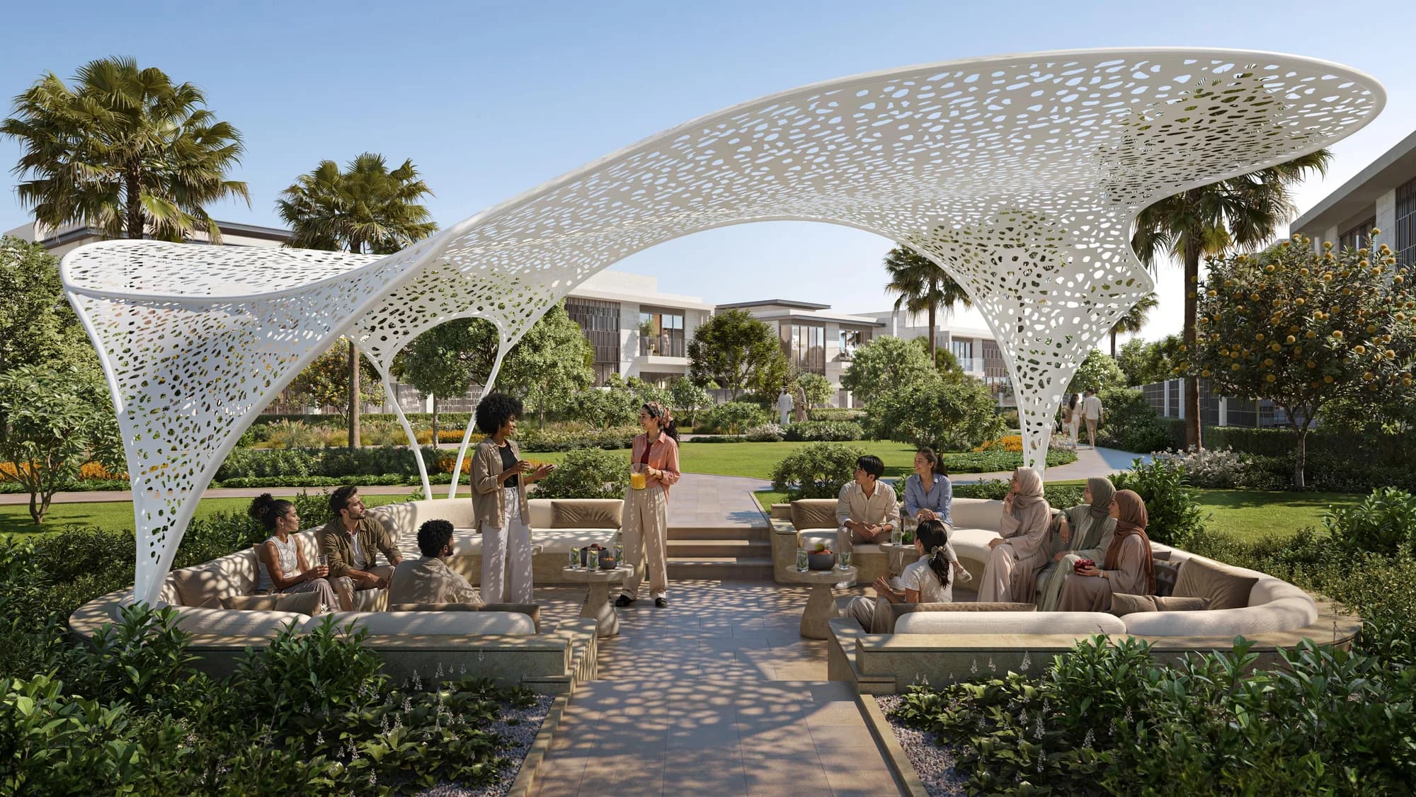 Outdoor Majlis Pavilion at Talay, Marsa Al Saadiyat, a gathering space under a perforated canopy