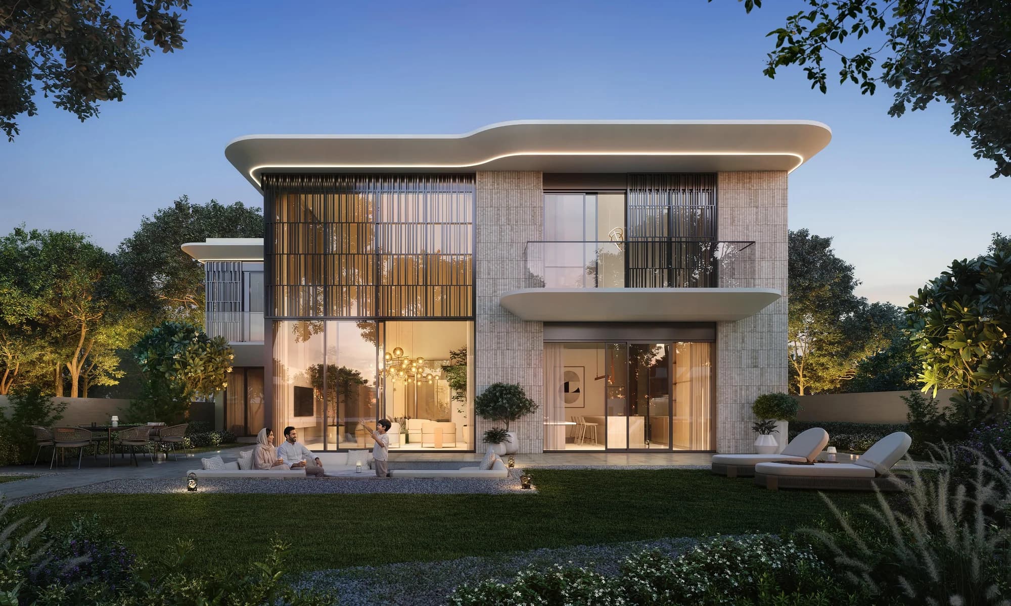 Talay villa garden and street at dusk, Marsa Al Saadiyat, Saadiyat Island