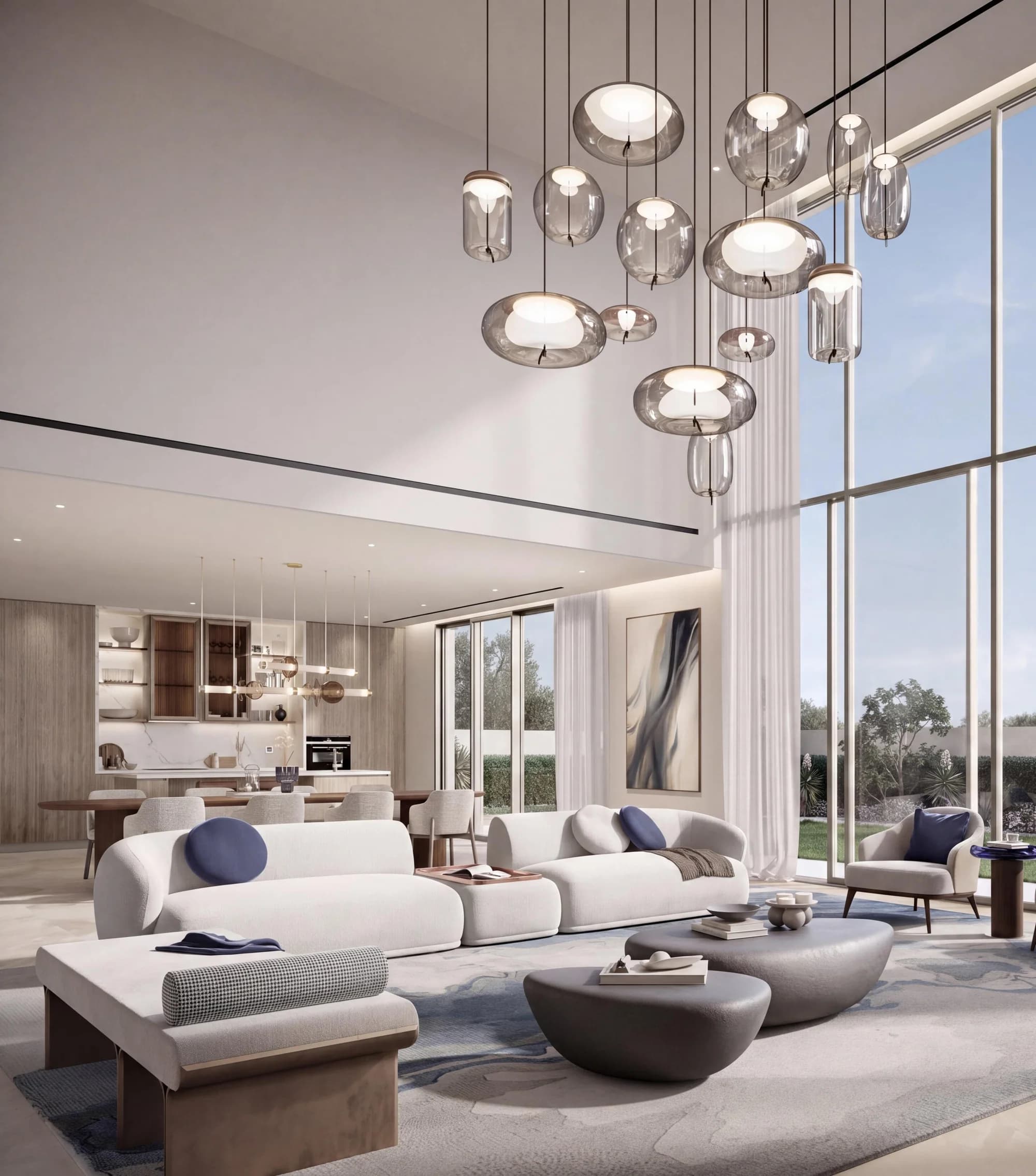 Talay villa living room interior at Marsa Al Saadiyat, double-height space with a refined contemporary palette