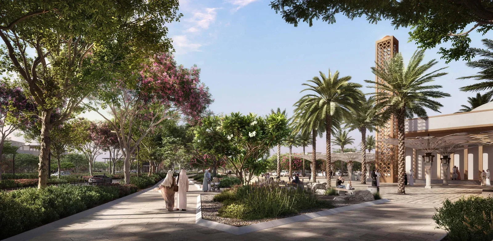 Wadeem Gardens community mosque and landscaped walkway by Modon on Hudayriyat Island, Abu Dhabi