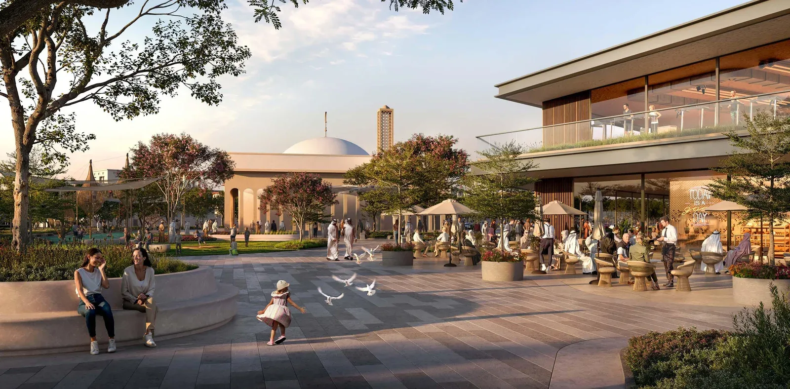 Wadeem Gardens community plaza with mosque and social hub by Modon on Hudayriyat Island, Abu Dhabi