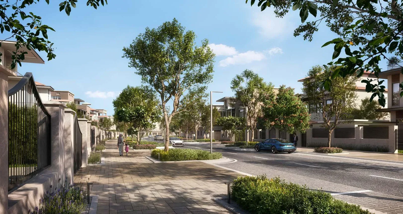 Wadeem Gardens residential street lined with villas and landscaped greenery by Modon on Hudayriyat Island, Abu Dhabi