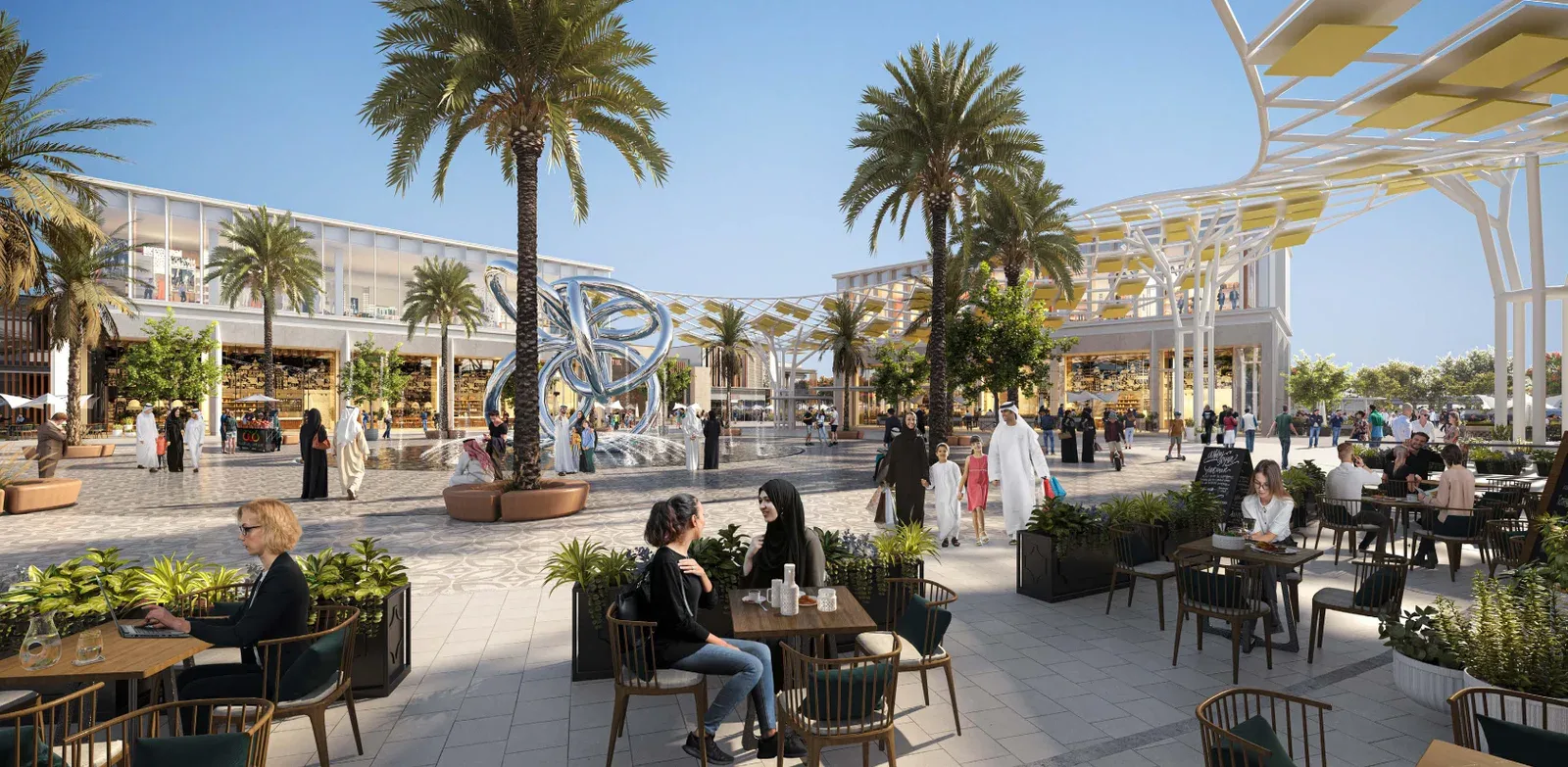Wadeem Gardens retail plaza with cafes and outdoor dining by Modon on Hudayriyat Island, Abu Dhabi