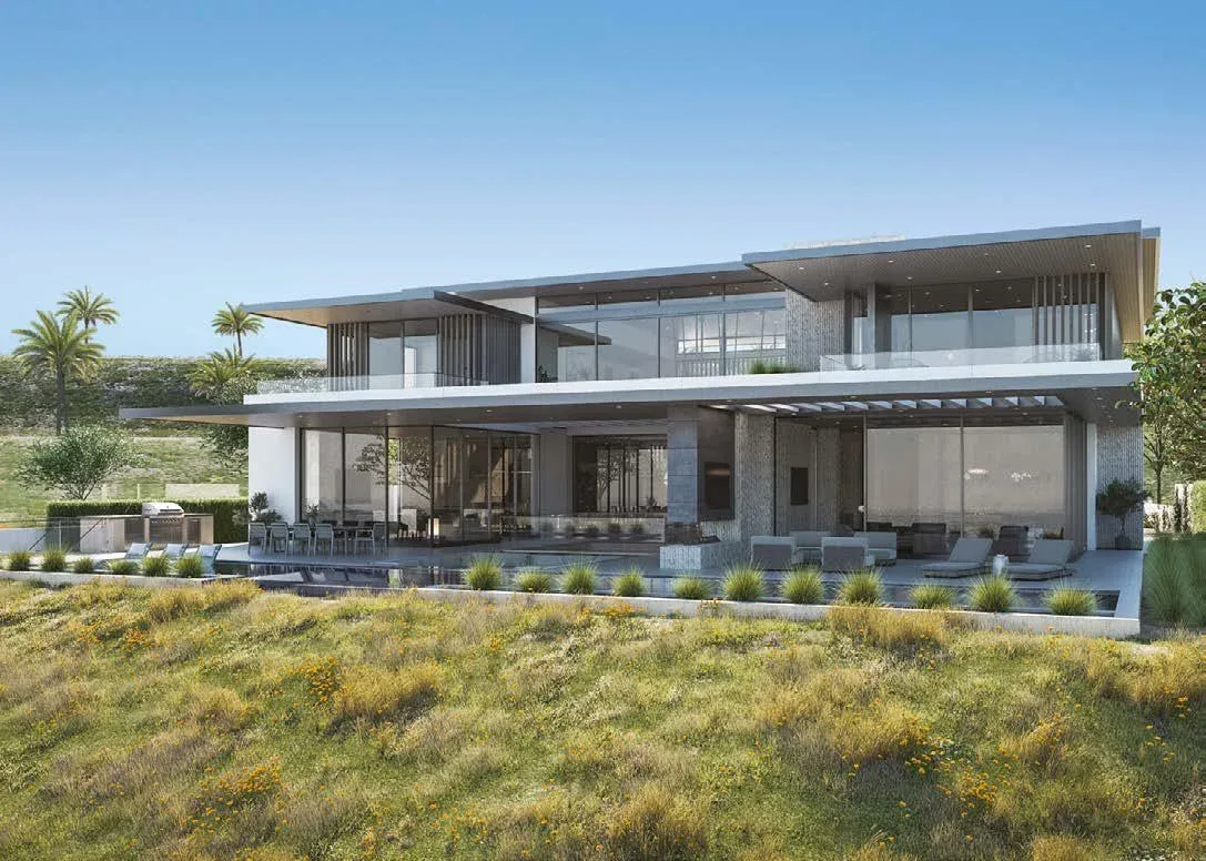 Wadeem Gardens villa rear pool terrace with outdoor dining by Modon on Hudayriyat Island, Abu Dhabi