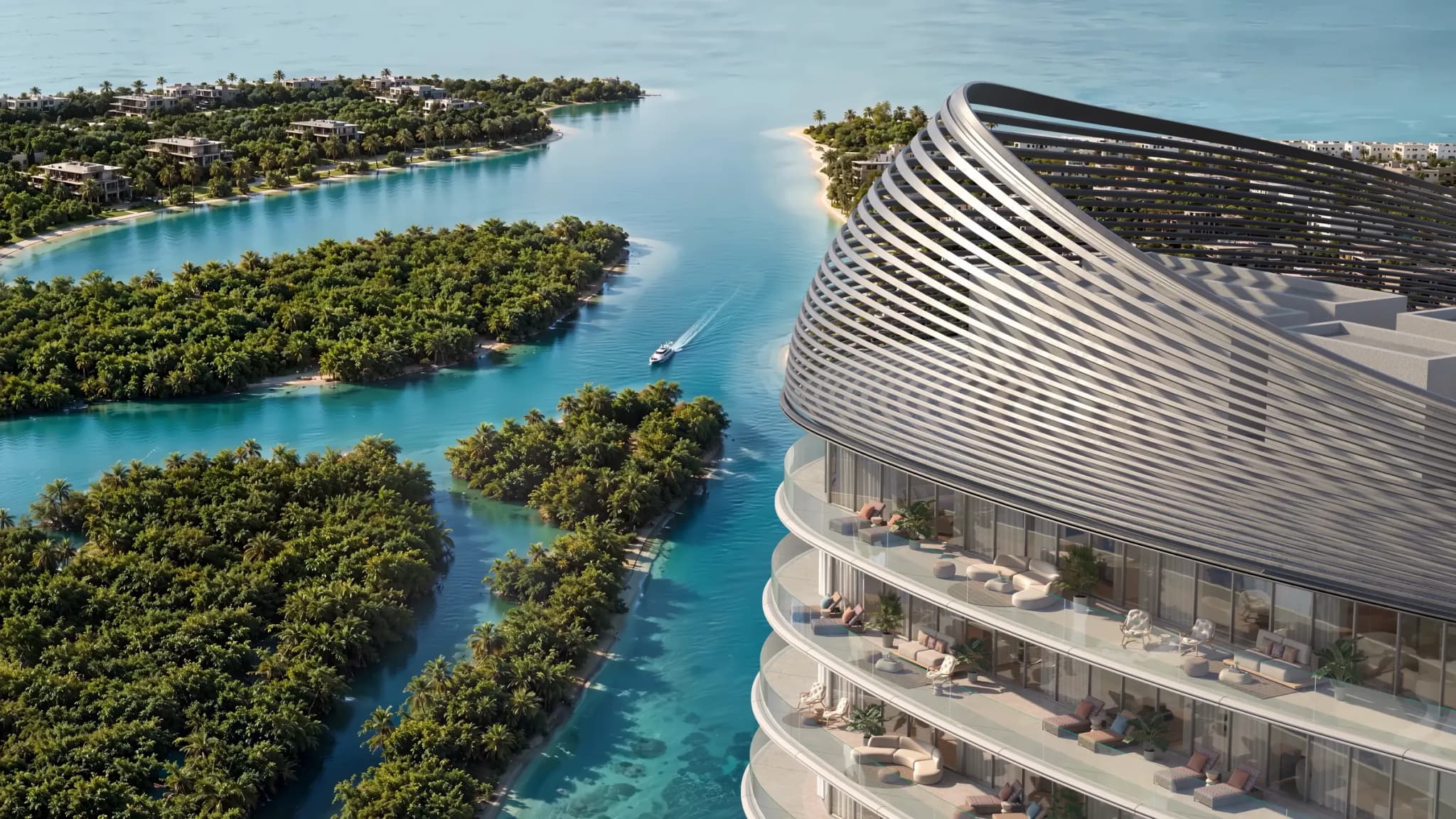 Aerial view of Waterfront by Missoni beside the mangroves at Shams Abu Dhabi, Al Reem Island