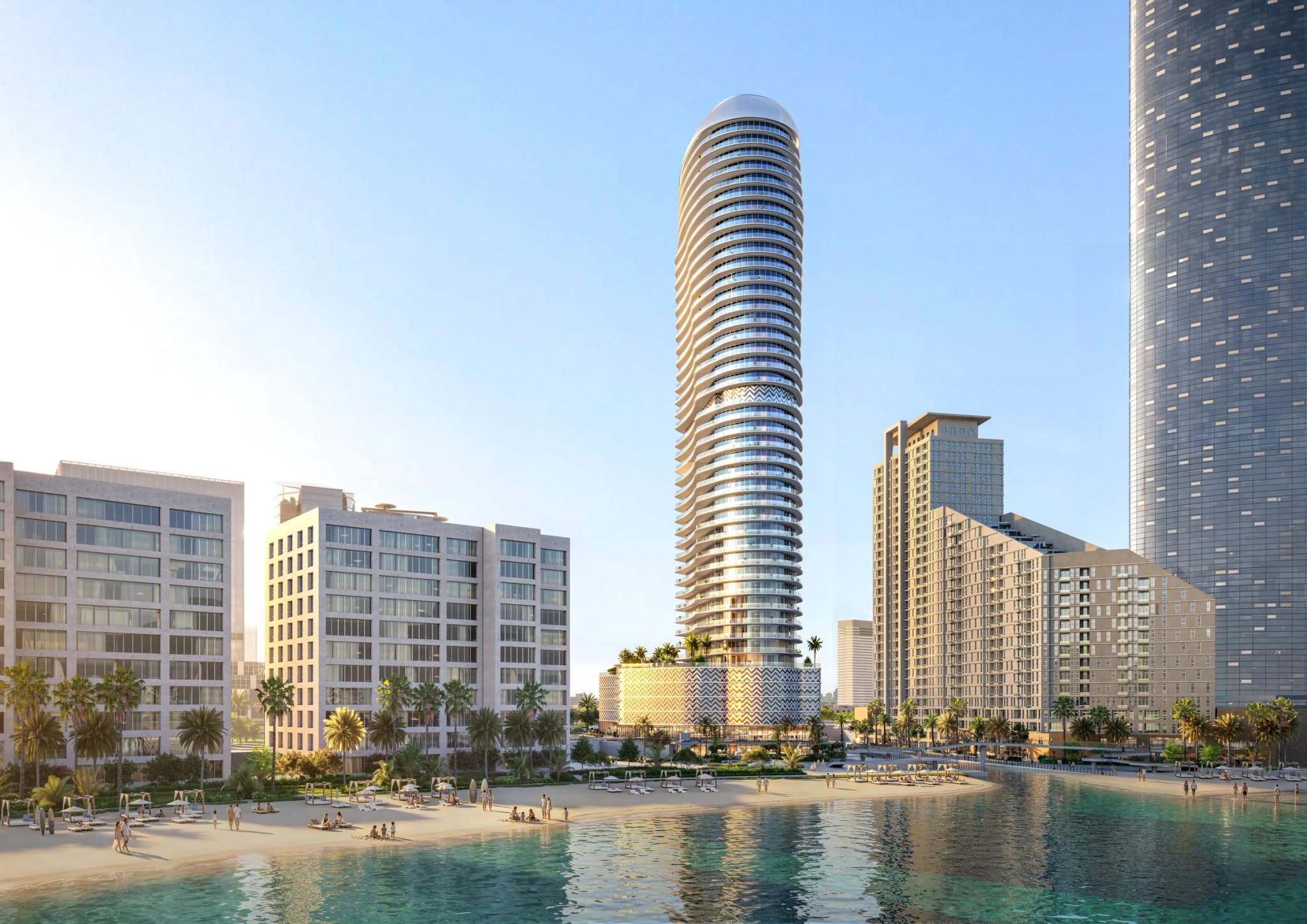 Waterfront by Missoni beachfront tower between the canal and the sea, with the zigzag podium and beach at Shams Abu Dhabi, Al Reem Island