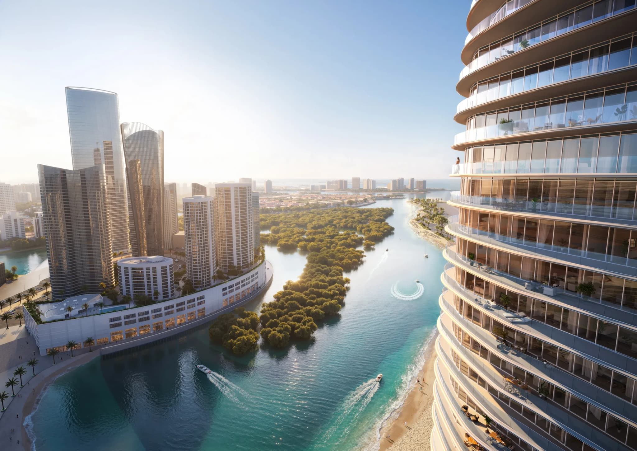 Curved balconies of Waterfront by Missoni above the canal and mangroves at Shams Abu Dhabi, Al Reem Island