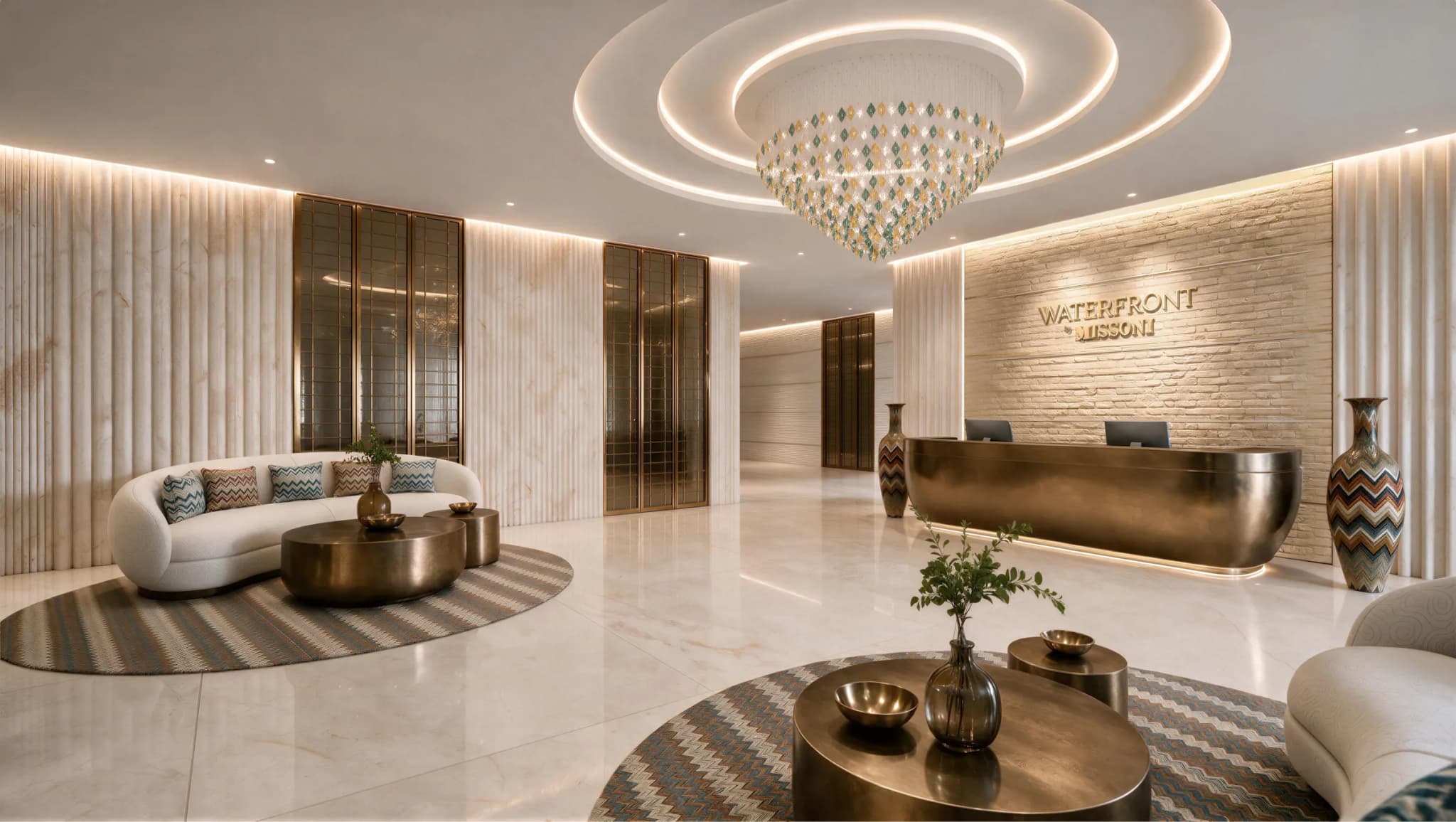 Crystal chandelier above the bronze reception desk in the Waterfront by Missoni lobby, Shams Abu Dhabi, Al Reem Island