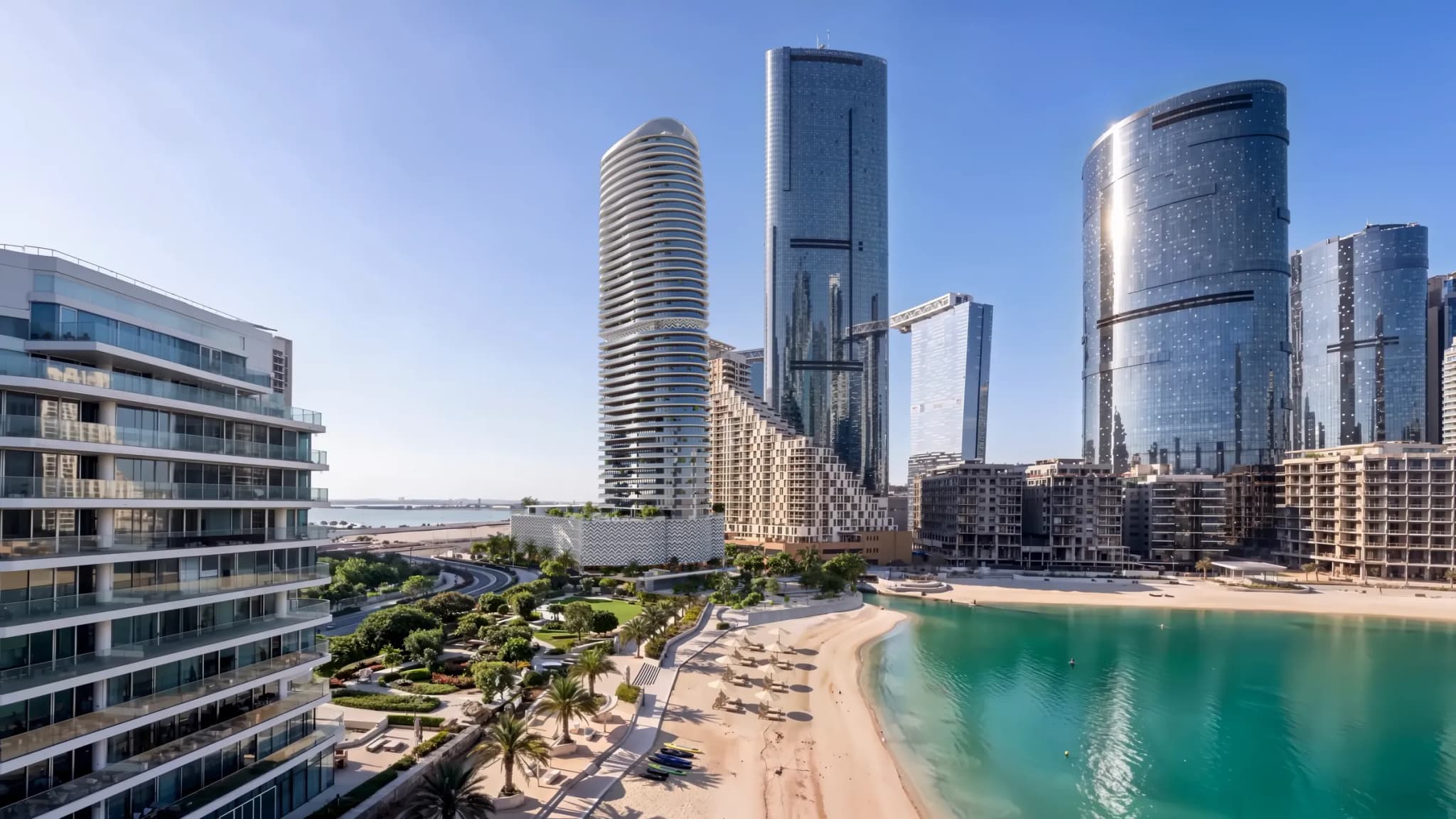 Beach and skyline beside Waterfront by Missoni at Shams Abu Dhabi, Al Reem Island