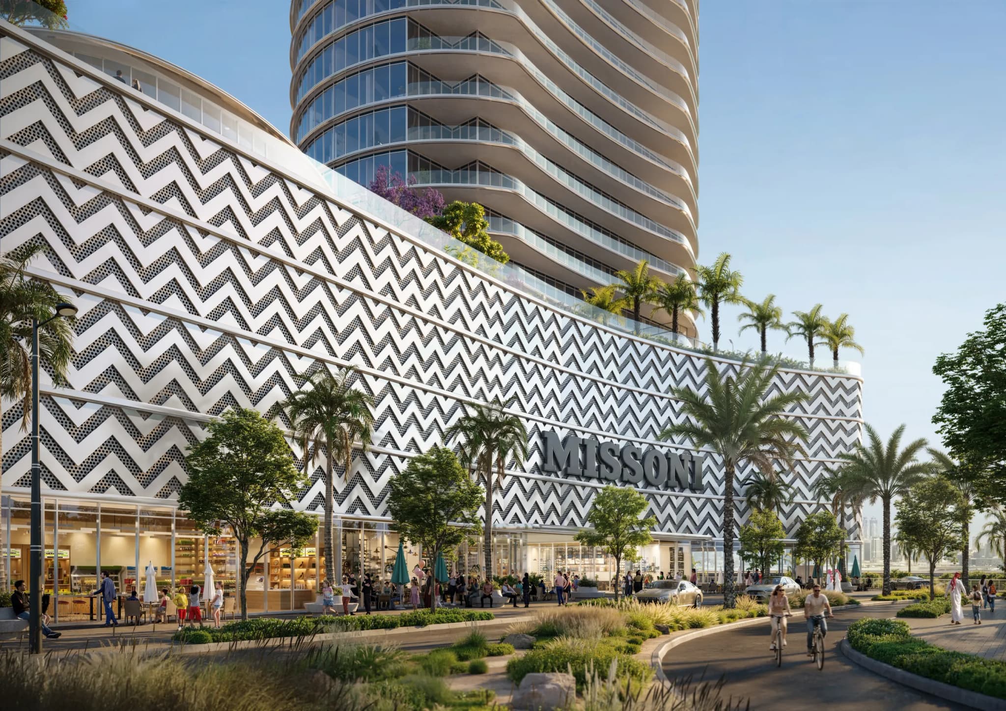 Waterfront by Missoni zigzag podium facade and street-level retail at Shams Abu Dhabi, Al Reem Island