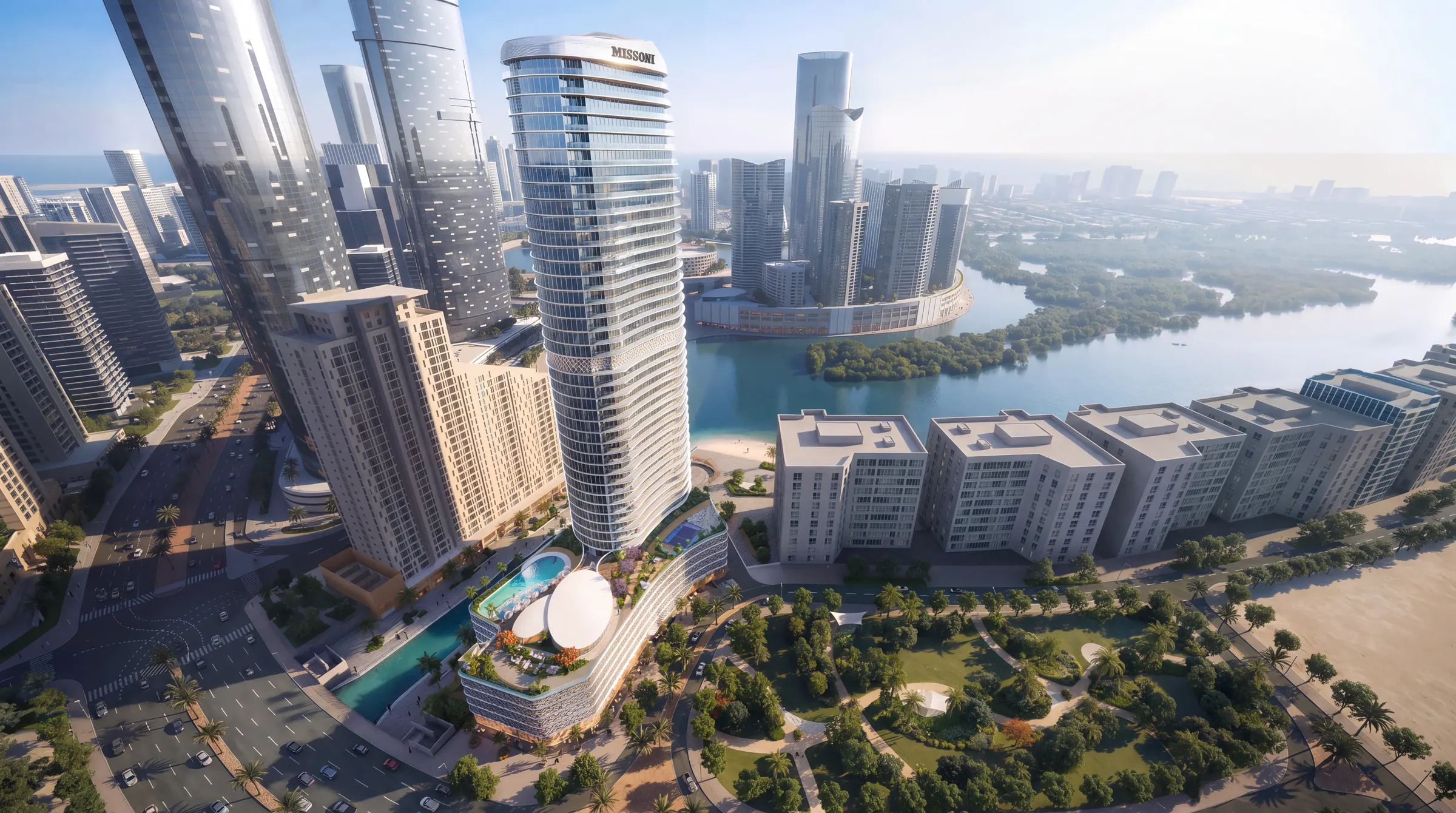 Waterfront by Missoni tower above the canal, beach and mangroves at Shams Abu Dhabi, Al Reem Island