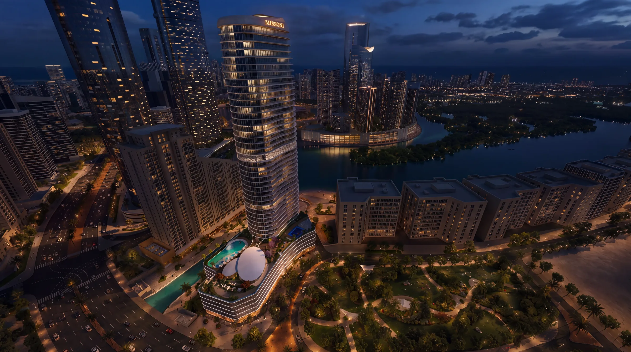 Waterfront by Missoni tower at night above the canal and the Abu Dhabi skyline, Shams Abu Dhabi, Al Reem Island