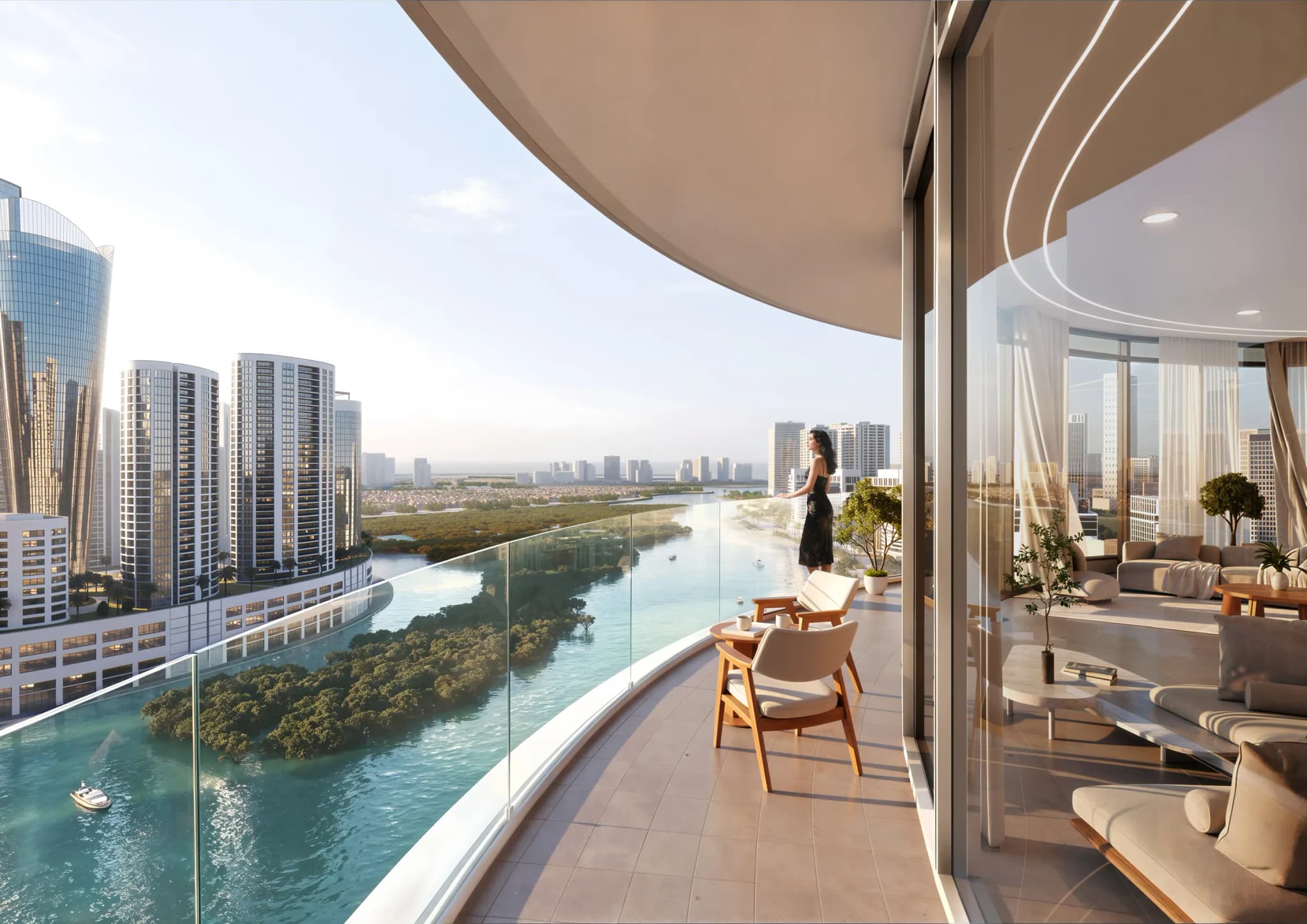 Living room opening to a balcony over the mangroves at Waterfront by Missoni, Shams Abu Dhabi, Al Reem Island