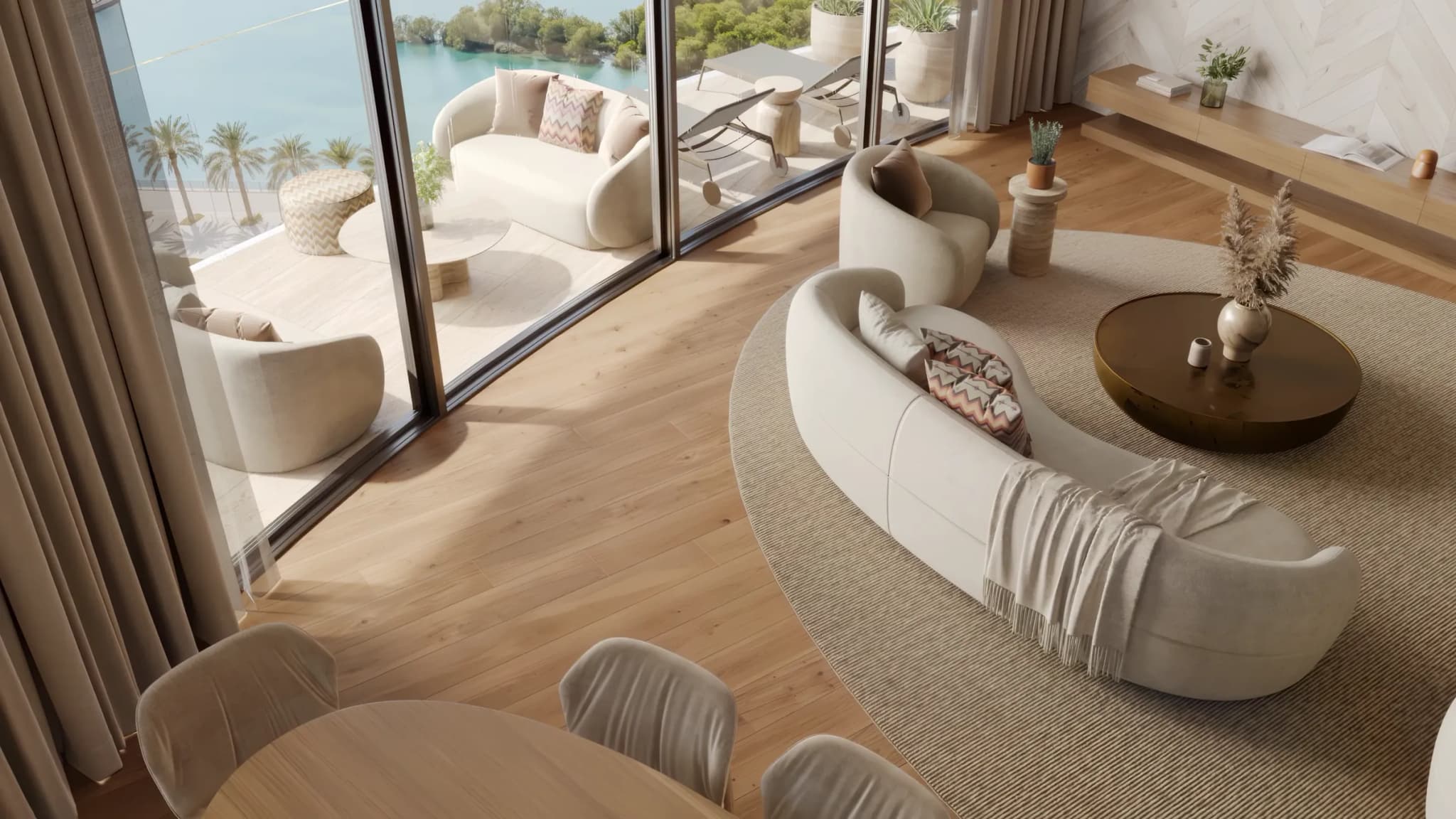 Four-bedroom residence living room opening onto a terrace at Waterfront by Missoni, Shams Abu Dhabi, Al Reem Island