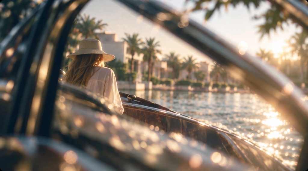 Yas Riva Reserve waterfront lifestyle on the north-east side of Yas Island, Abu Dhabi: golden-hour boat scene near premium Aldar villas