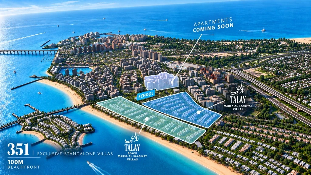 Talay and Talay Beach villa locations at Marsa Al Saadiyat master plan aerial view Saadiyat Island