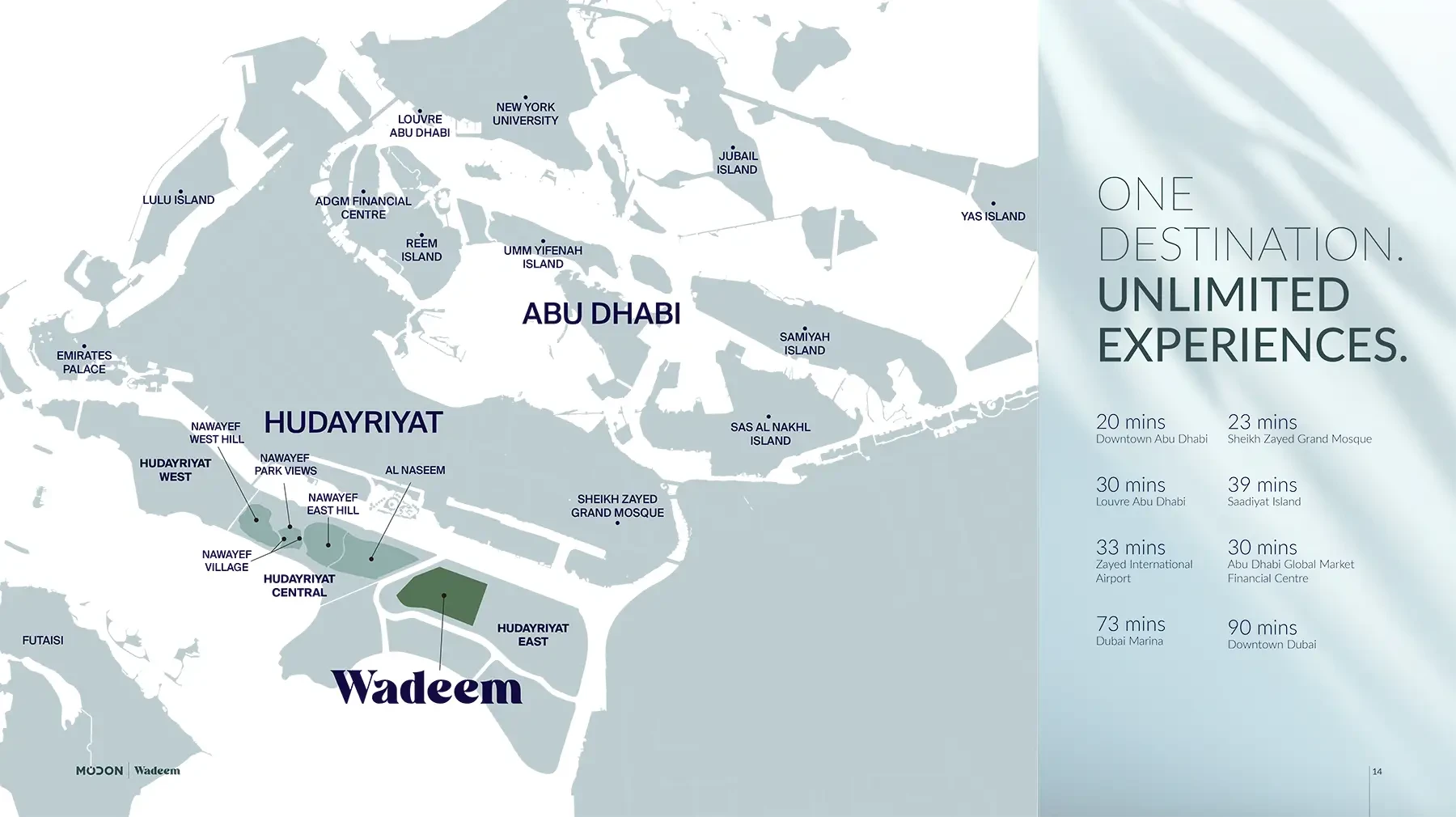 Wadeem Gardens location map with drive times to Downtown Abu Dhabi, Saadiyat Island, Zayed International Airport and Dubai by Modon on Hudayriyat Island, Abu Dhabi